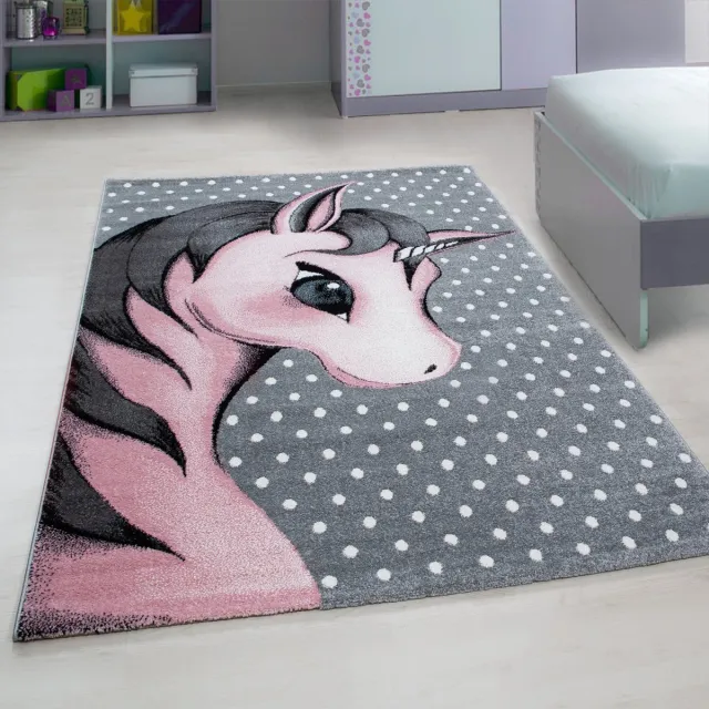 Muratap Kids Eenhoorn Vloerkleed Kinderkamer Roze / Grijs Laagpolig- 80x150 CM