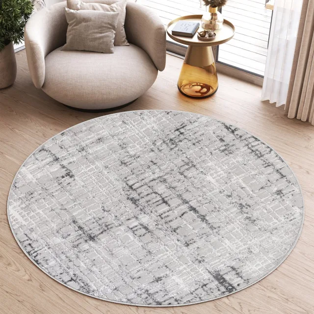 Tapiso Sky Rond Vloerkleed Hoogpolig Grijs Geruit Woonkamer Tapijt Maat- 100x100