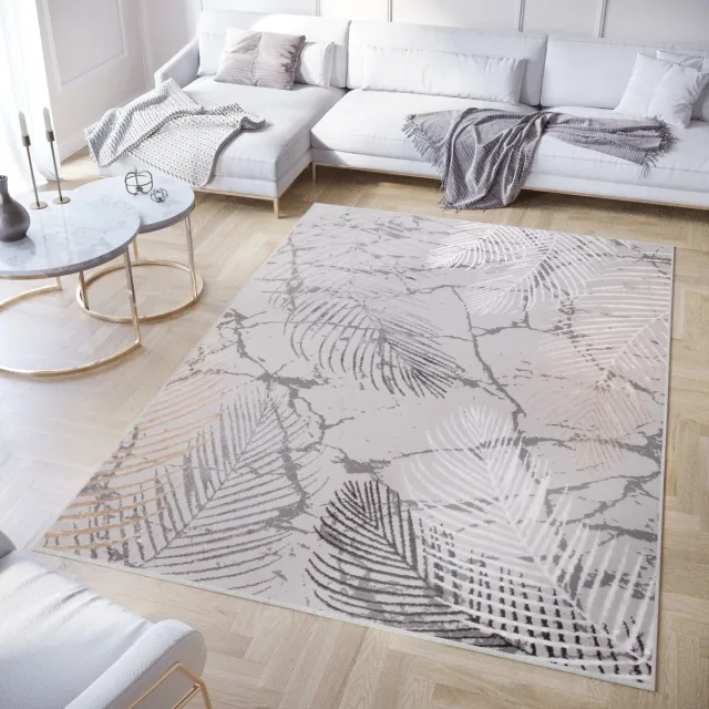 Tapiso Crystal Vloerkleed Beige Grijs Bladeren Modern Tapijt Maat- 300x400 Lichtgrijs 2