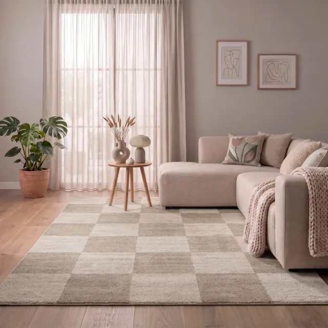 flycarpets Mysa Vloerkleed Beige - Geblokt - Laagpolig Tapijt - 80x150 cm