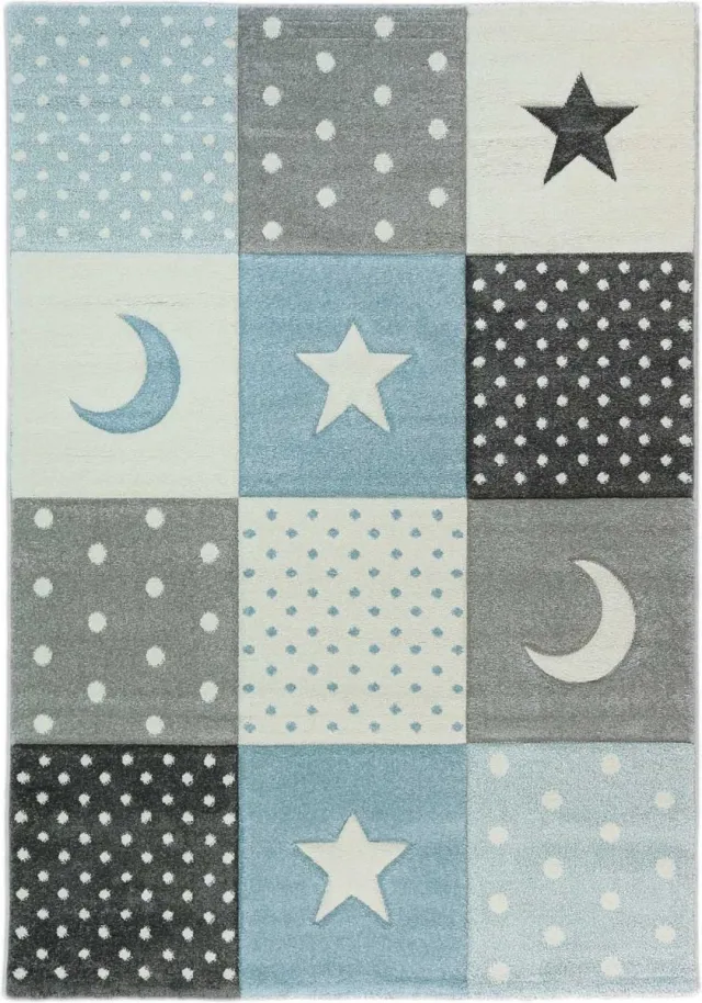 Merinos Karpet24 Pastel kids – Zacht Kinderkamer Vloerkleed met Sterren en Manen in Blauw-Grijs -160 x 230 cm