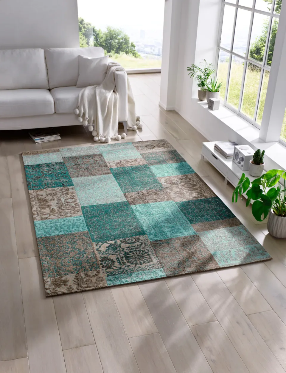 Tapijt vlak geweven turquoise grijs patchwork, foto 2