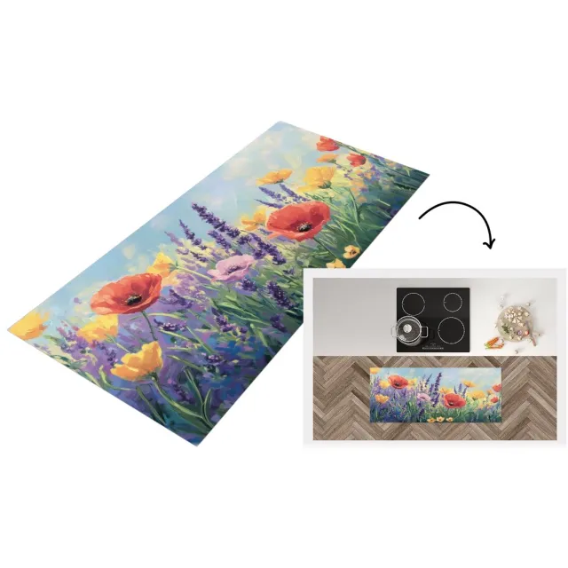 KitchenYeah Keukenloper - Keukenmat vinyl Weide - Bloemen - Kleurrijk - Keukenmatten loper - Keuken vloerkleed tapijt Klaprozen