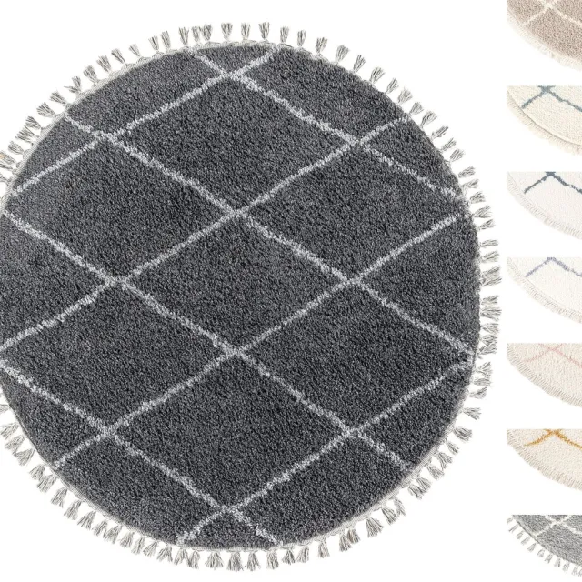 TESSO LIVING Vloerkleed Shaggy Rond, Tapijt, Antraciet, Hoogpolig, 155cm Cirkel, Superzacht, Franjes, Berber stijl