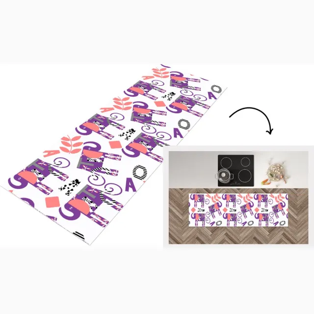 KitchenYeah Keukenloper - Loper keuken - Olifanten - Bladeren - Paars - Patroon - 180x60 cm - Keukenloper vinyl Multicolor