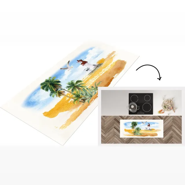 KitchenYeah Keukenloper - Loper keuken - Vuurtoren - Palm - Vogel - Strand - Keukenloper vinyl Multicolor