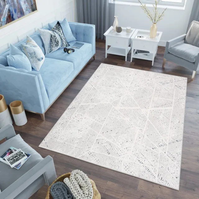 Tapiso Lotus Vloerkleed Beige Blauw Lijnen Woonkamer Laagpolig Tapijt