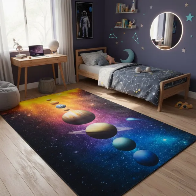Tapiso COSMO GAME Vloerkleed Kinderkamer Planeten Kindertapijt Ruimtevaart Speeltapijt voor Kinderen Educatief Tapijt met Bont Universum Motief Laagpolig, Antislip, Makkelijk te Reinigen Kleurrijk 2