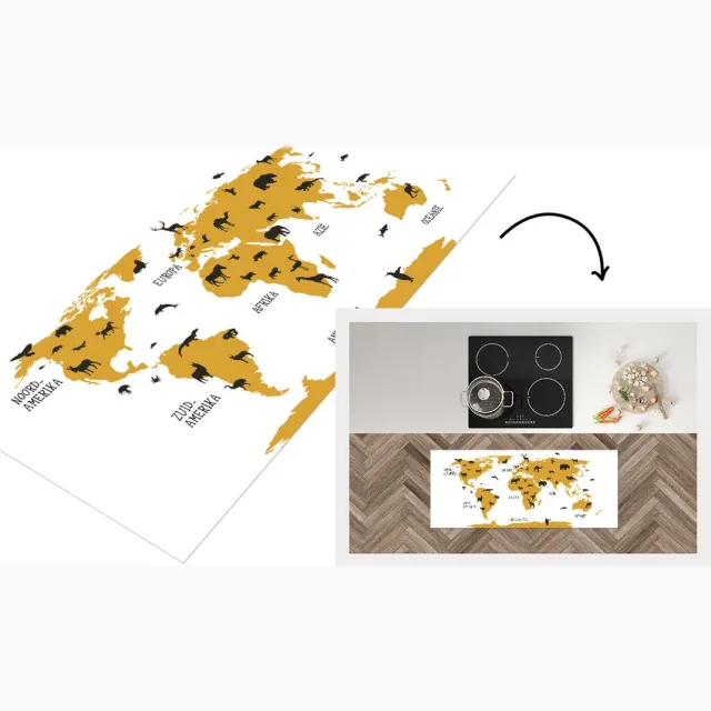 KitchenYeah Keukenloper - Loper keuken - Wereldkaart Kinderen - Dieren - Geel - Keukenloper vinyl Multicolor