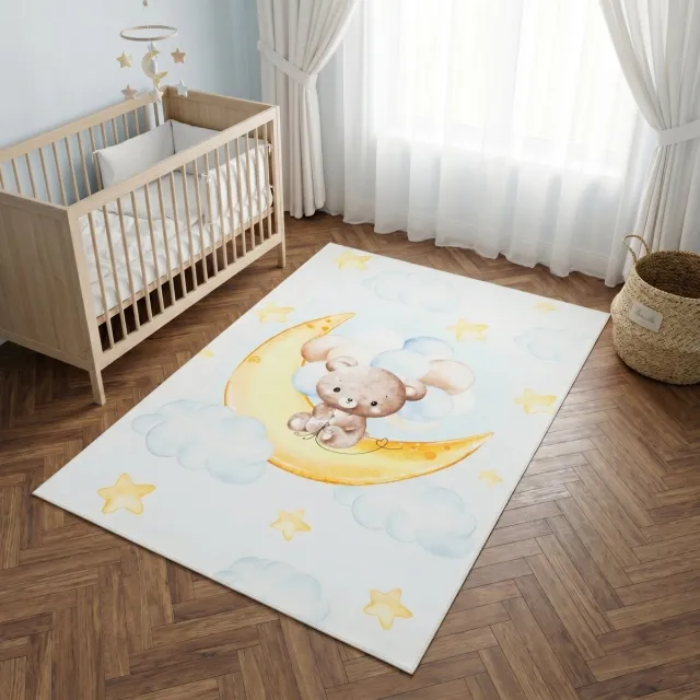 Tapiso Kids Kindervloerkleed Beer Maan Sterren – Zacht Babykamertapijt Crème Blauw Aquarel – Antislip Wasbaar 140x200 Beige