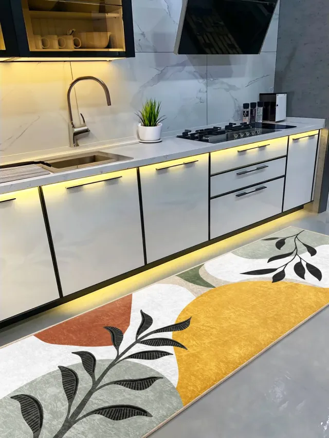 De Groen Home Vloerkleed 65x180cm - Keukenloper - Wasbaar Antislip - Blad patroon - Laagpolig Zacht Tapijt Geel