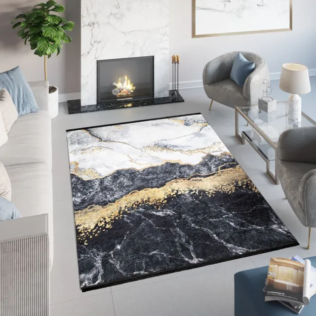 Tapiso Toscana Vloerkleed Kwastjes Grijs Gouden Glamour Tapijt Donkergrijs Gouden