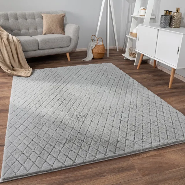 flycarpets Zacht fluffy vloerkleed - Arinzo Geruit Grijs - Hoogpolig Tapijt Woonkamer / Slaapkamer / Kinderkamer
