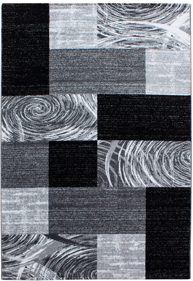 Ayyildiz Laagpolig vloerkleed met abstract ruitpatroon, zwart, geschikt voor de woonkamer, met een jute achterkant, afmetingen: 240 x 340 cm