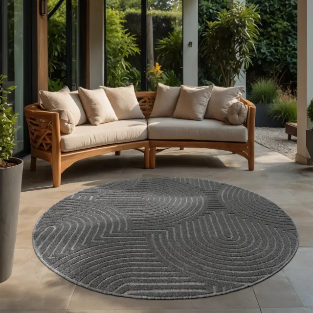 Muratap Berlin Outdoor - Japandi - Rond - Grijs - Vloerkleed Binnen en Buiten - Laagpolig Tapijt Tuin