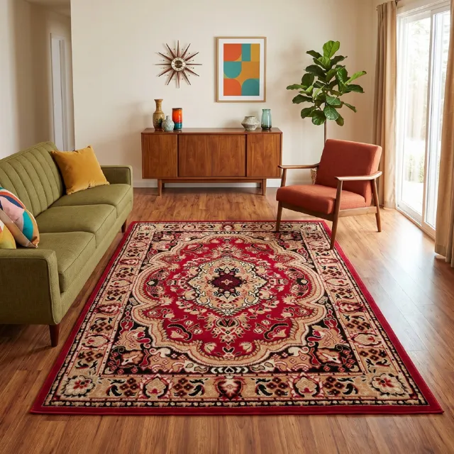 Tapiso Atlas PP Vloerkleed Woonkamer Slaapkamer Kleurrijk Frame Medaillon Klassiek Woonsfeer Interieur Hoogwaardig Duurzaam Tapijt Maat - 200 x 200 cm Rood 9