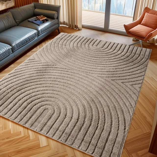 Moonay Kiyaro Arco Vloerkleed Beige 240 x 340 cm - Japandi Scandinavisch - Lijnen en Bogen - Hoog- en Laagpolig 3D