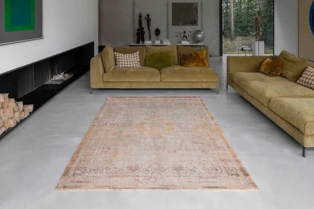 Louis de Poortere Wasbaar Binnen & Buiten Vloerkleed - 170 x 240 cm - Louis De Poortere Medallion Salmon - Laagpolig Tapijt - Gerecycled PET - Made in Belgium - Circulair Geel