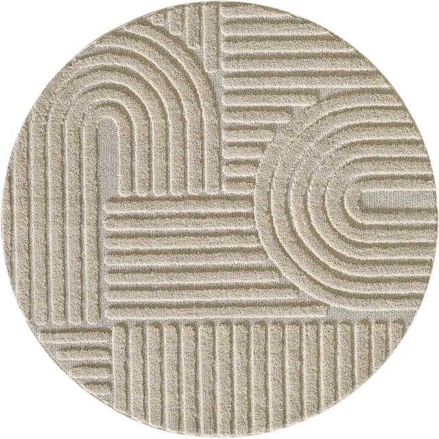 Moonay Kiyaro Lino Vloerkleed Beige 160 cm rond - Japandi Scandinavisch - Geometrisch 3D Reliëf - Hoog- en Laagpolig