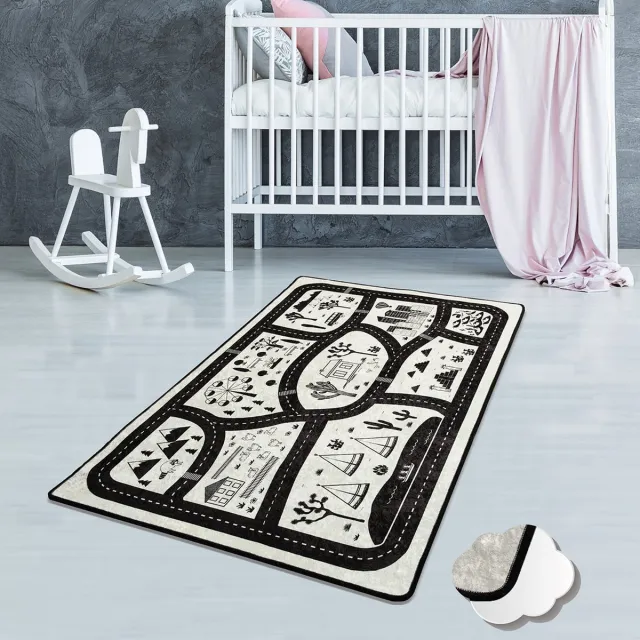 Bosdela kinder- en babykleed Stad Wasbaar vloerkleed voor kinder- en babykamers, 100x160 cm, zacht, zwart-wit stadspatroon, ideaal voor speelkamers en verschoonruimtes babykleed