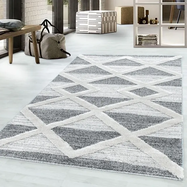 TapisTrend Harig tapijt Grijs geometrisch vloerkleed met grote, reliëfachtige ruiten, 20 mm poolhoogte, moderne stijl voor woonkamer en slaapkamer