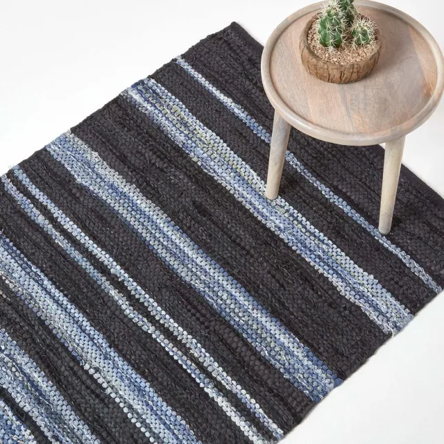 Homescapes Texas 90x150 cm tapijt – handgeweven tapijt van leer en denim Blauw