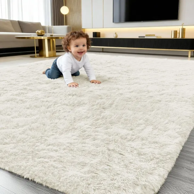 Famanu Hoogpolig vloerkleed, zacht en wasbaar, antislip, modern design, crème kleur, 120 x 160 cm, ideaal voor hal, woonkamer, kinderkamer en slaapkamer