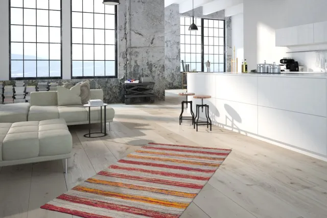 Padiro stijlvol laagpolig vloerkleed 160 x 230 cm - donkerbeige - modern streeppatroon - voor vloerverwarming - van wol, katoen en zijde