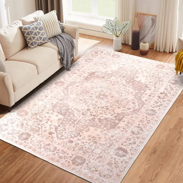 Famanu Vintage vloerkleed voor woonkamer, 160 x 230 cm, roze, boho, machinewasbaar, zacht, laagpolig, antislip klassiek tapijt voor eetkamer, kantoor, keuken, kinderkamer