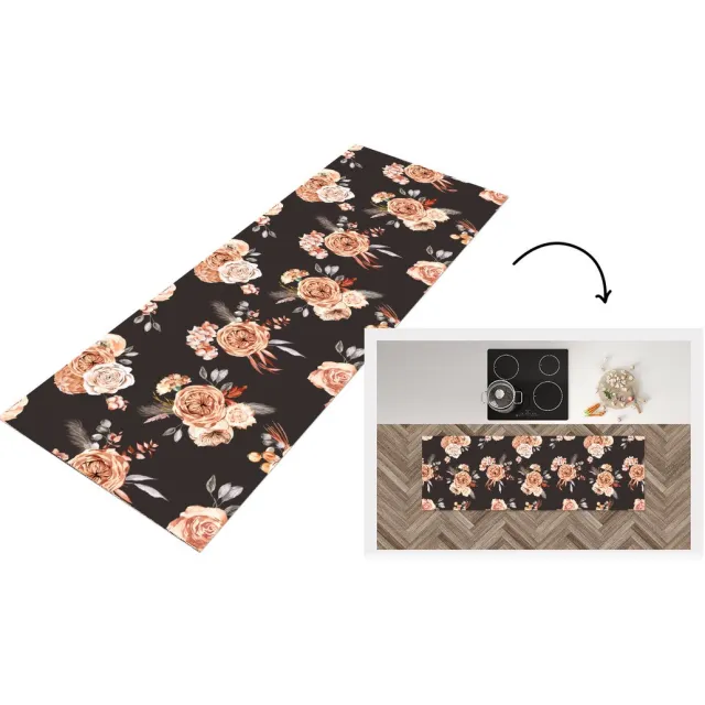 KitchenYeah Keukenloper 150x50 cm - Keukenmat vinyl Patronen - Rozen - Zwart - Keukenmatten loper - Keuken vloerkleed tapijt