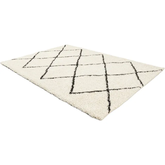 Lifa-Living Lifa Liiving - Vloerkleed Aarhus - Hoogpolig - Geometrische Lijnen - Crème en Zwart - Poolhoogte 2 cm - 133 x 200 cm Zwart, Crème