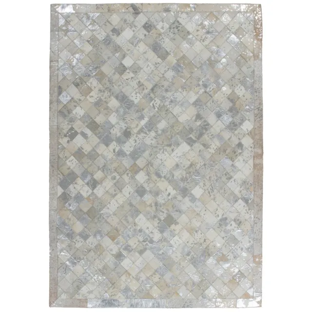 Padiro leren designvloerkleed - lichtbeige - modern patchworkontwerp - met diagonaal ruitpatroon en glanzende accenten - voor vloerverwarming - van leer