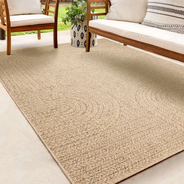 the carpet Kansas - Robuust In- en Outdoor vloerkleed, natuurlijk jute-look met cirkelmotief, weerbestendig, geschikt voor terras en tuin, 80 x 150 cm