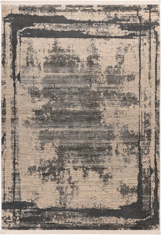 Padiro design laagpolig vloerkleed 120 x 170 cm - donkerbeige - modern abstract ontwerp - met franjes - voor vloerverwarming - van polypropyleen en katoen