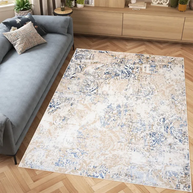 Tapiso Hera Vloerkleed Beige Woonkamer Blauw Gezaagd Tapijt