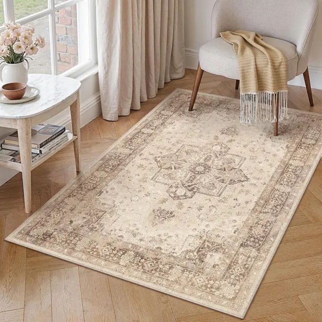 Famanu Vloerkleed 120x170 cm - vintage bruin - machinewasbaar - antislip - kinderkamer - woonkamer - slaapkamer - eetkamer - kantoor Retro Marrone