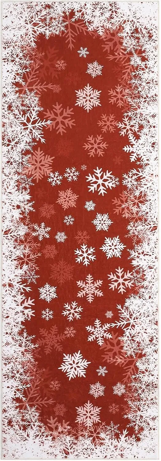Danky Kerst Vloerkleed Romantische Sneeuwvlokken 60x180 cm Rood - Opvouwbare Loper met Antislip Onderkant