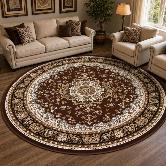 Muratap Nain Klassiek Rond Vintage Oosters Vloerkleed Medaillon Bruin- 160 CM Ø