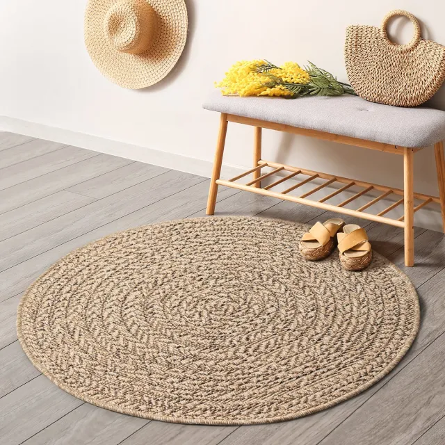 Mia´s Teppiche Mia’s Teppiche Soil – robuust in- & outdoor vloerkleed met natuurlijk cirkelpatroon, weatherproof & UV-bestendig, naturel cirkel 80 cm rond naturel met cirkelvormig visgraatpatroon