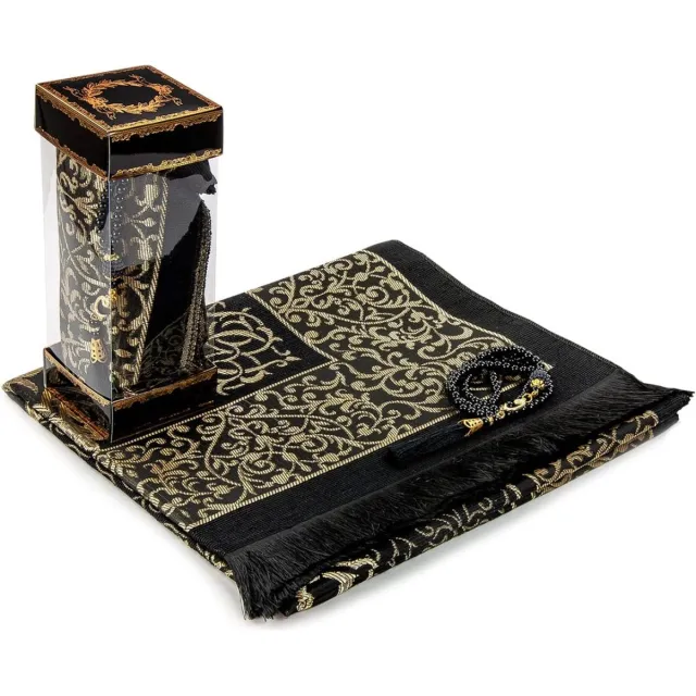 PEAM Gebedskleed Islam - Zwarte Taffeta Islamitische Gebedsset - Gebedskleed en Gebedskralen in Elegante Geschenkdoos