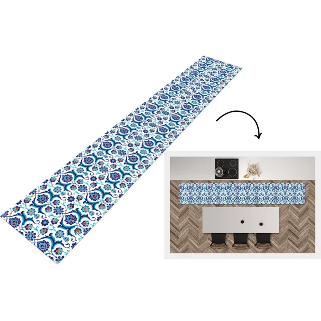 KitchenYeah Keukenloper - Loper keuken - Bloemen - Patronen - Blauw - Keukenloper vinyl Multicolor