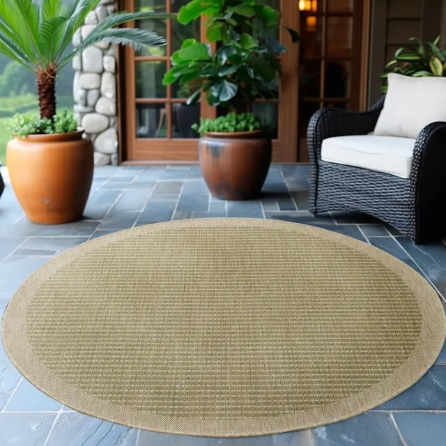 flycarpets Riza Rond Binnen & Buitenkleed Groen - Laagpolig Tuintapijt - Kader Motief - 160 cm