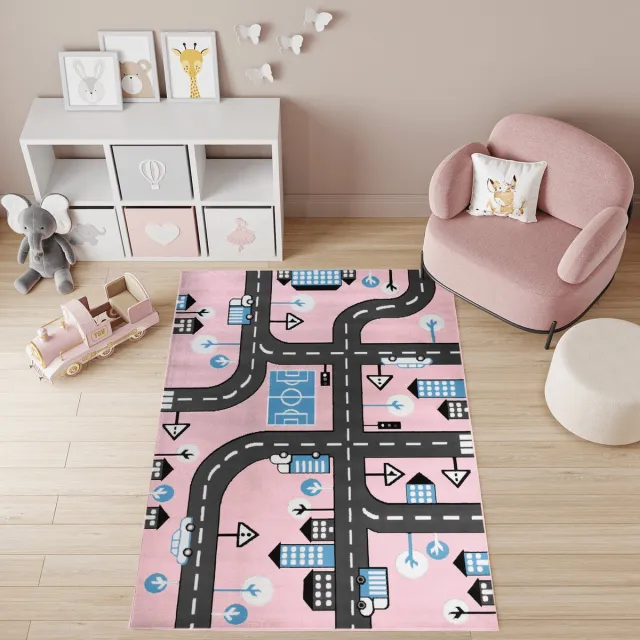 Tapiso Pinky Vloerkleed Kinderkamer Speeltapijt Kleed Stad Tapijt Roze Grijs Blauw