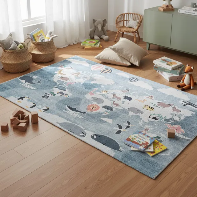 TESSO LIVING Vloerkleed Kinderkamer Wereldkaart met Dieren – 150 x 220 cm Tapijt Kinderkamer – Machine Wasbaar & Anti-Slip – Premium Laagpolige Speelmat voor Kids Wereldkaart - Grijs