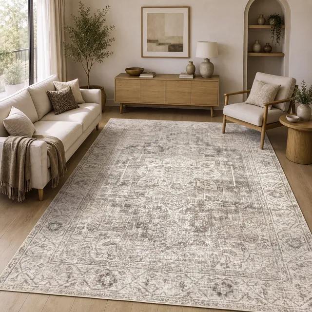 the carpet Zen Vloerkleed – Vintage Oosters Ornament Design – Wasbaar & Antislip – Beige – 160 x 220 cm beige ornament