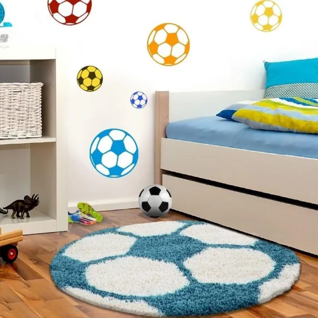 Adana Carpets Kinderkleed met voetbaldesign, turquoise kleur, kleed voor de kinderkamer, jute achterkant, afmeting: 120 cm rond