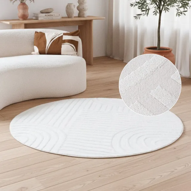 Tapiso Hygge Rond Vloerkleed Crème-Wit Modern Laagpolig 3D Geometrisch Kleed Tapijt Woonkamer & Slaapkamer Slijtvast en Onderhoudsvriendelijk OEKO-TEX Creme Wit