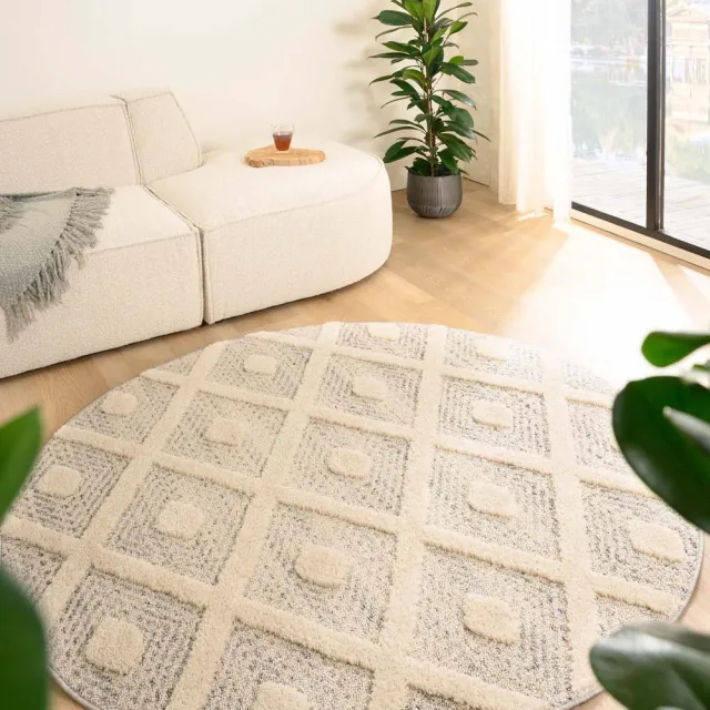 Tapeso Scandinavisch vloerkleed rond - Fjord Reise grijs/crème 160