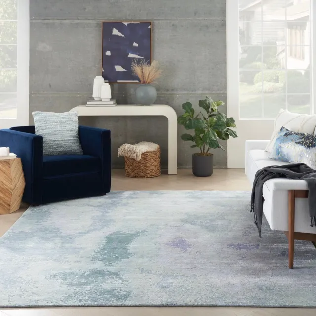 Nourison Silk Shadows SHA22 Blue Green Vloerkleed - 114 x 175 cm - Blauw - Rechthoekig - Bamboezijde, Wol - Woonkamer, Eetkamer, Slaapkamer - Abstract - Modern, Design