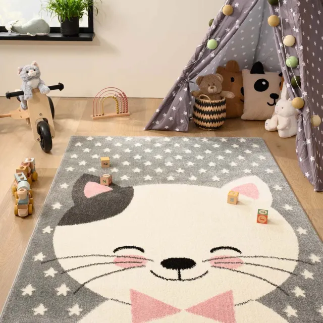 Tapeso Kindervloerkleed kat - Adventures grijs/roze 80x150